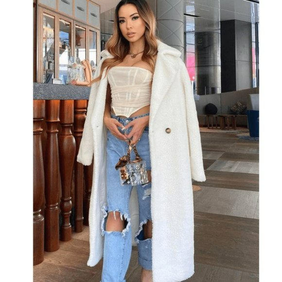 White Long Sleeve Double Breasted Loose Fit Long Maxi Teddy Bear Fur Coat - Picture 8 of 16